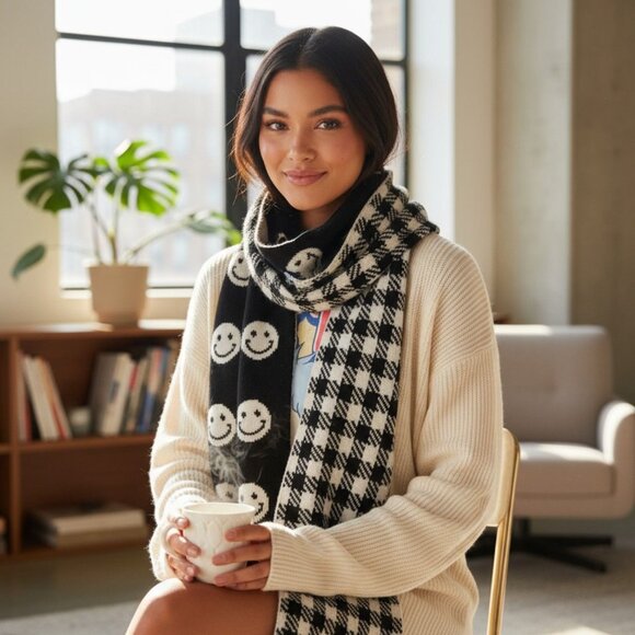 Don’t Smile At Me Reversible Black White Smiley Face Checkered Scarf Soft Cozy - Picture 1 of 4
